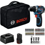 Bosch Professional GSR 12V-32 akumuliatorinis sukamasis gręžtuvas (12V, 2x 2,0Ah Li-Ion, 36 dalių priedų rinkinys, dėklas įrankiams, mėlynas/juodas)