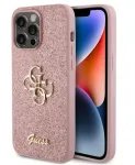 GUESS Apple iPhone 15 Pro Max fiksuotas blizgučių 4G metalo logotipo dėklas rožinis