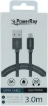 PowerRay USB į Lightning duomenų ir įkrovimo laidas 3 m, tekstilinis, pilkas PR-DCUL300TGY