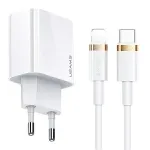 USAMS T34 20W USB-C PD sieninis įkroviklis su U63 USB-C į Lightning kabelio rinkiniu - baltas