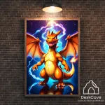 Plakatas &bdquo;Pokemon Charizard&ldquo; &ndash; A4 (21 &times; 30 cm), su medžio spalvos rėmeliu ir tvirtinimu