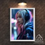 Plakatas &bdquo;Cyber Girl with Headphones&ldquo; &ndash; A2 (42 &times; 59 cm), su baltu rėmeliu ir tvirtinimu