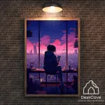 Plakatas &bdquo;Anime miesto mergina&ldquo; &ndash; A2 (42 &times; 59 cm), su juodu rėmeliu ir tvirtinimu