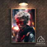 Plakatas &bdquo;Cyber White Haired Boy&ldquo; &ndash; A2 (42 &times; 59 cm), su medžio spalvos rėmeliu ir tvirtinimu