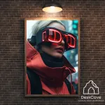 Plakatas &bdquo;Cyber Red Coated Woman&ldquo; &ndash; A3 (30 &times; 42 cm), su medžio spalvos rėmeliu ir tvirtinimu