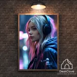 Plakatas &bdquo;Cyber Girl with Headphones&ldquo; &ndash; A1 (59 &times; 84 cm), su medžio spalvos rėmeliu ir tvirtinimu
