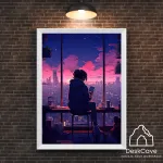 Plakatas &bdquo;Anime miesto mergina&ldquo; &ndash; A2 (42 &times; 59 cm), su baltu rėmeliu ir tvirtinimu