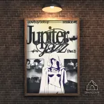 Plakatas &bdquo;Jupiterio džiazas&ldquo; &ndash; A2 (42 &times; 59 cm), su medžio spalvos rėmeliu ir tvirtinimu