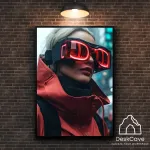 Plakatas &bdquo;Cyber Red Coated Woman&ldquo; &ndash; A4 (21 &times; 30 cm), su juodu rėmeliu ir tvirtinimu