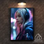 Plakatas &bdquo;Cyber Girl with Headphones&ldquo; &ndash; A4 (21 &times; 30 cm), su juodu rėmeliu ir tvirtinimu