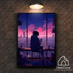 Plakatas &bdquo;Anime miesto mergina&ldquo; &ndash; A3 (30 &times; 42 cm), su medžio spalvos rėmeliu ir tvirtinimu