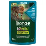 Monge BWild kons. pa&scaron;aras sterilizuotoms katėms su tunu, krevetėmis ir daržovėmis padaže 85g