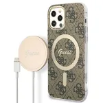 Guess Set GUBPP12MH4EACSW Case+ Charger for iPhone 12/12 Pro brown hard case 4G Print MagSafe