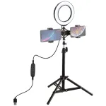 LED žiedinė lempa 16cm, su trikoju stovu iki 70cm ir dvigubu telefono laikikliu, USB