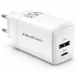 Qoltec GaN 45W charger| 5-20V | 1.5-3A | 1 x USB-C PD | 1x USB QC 3.0 | White