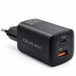 Qoltec GaN ULTRA 65W charger| 5-20V | 2.25-3.25A | 1 x USB type C PD | 1x USB QC 3.0 | Laptop | Smartfon | Black