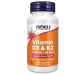 Now vitaminas D-3 1000 TV + K2 45 mcg kaulams ir imunitetui palaikyti, 120 kapsulių
