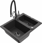 Granitinė virtuvinė plautuvė Mexen Carlos su mai&scaron;ytuvu ir sifonu, Juodas granite+Juodas/Chrome