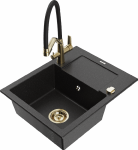 Granitinė virtuvinė plautuvė Mexen Enzo su mai&scaron;ytuvu ir sifonu, Metallic juodas/sidabrinis+Juodas/Gold