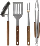 Kepsninės įrankių rinkinys 4 dalių nerūdijančio plieno grilio rinkinys 42 cm su medinėmis rankenomis ir pakabinimo kilpomis kepsninės priedai, susidedantys i&scaron; kepsninės žnyplių, grilio &scaron;epečio, grilio mentelės ir