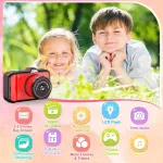 Ushining vaiki&scaron;ka kamera, 3.5 colių didelio ekrano kamera vaikams su 360&deg; besisukančiu priartinimo objektyvu, led blykste, 1080p asmenukių skaitmeninė kamera vaikams su 32gb kortele, foto kamera vaikams nuo 3-12 metų