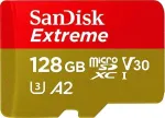 Atminties kortelė &bdquo;SANDISK Extreme Micro SDXC 128GB&ldquo; veiksmo kameroms ir dronams + SD adapteris + 1 metų &bdquo;RescuePRO Deluxe&ldquo; garantija iki 190 MB/s ir 90 MB/s skaitymo / ra&scaron;ymo greičių, A2, C10, V30, UHS-I, U3.