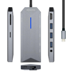 USB &scaron;akotuvas Aisens USB-C Dock 9 en 1, USB-C a 1x HDMI, 1xRJ45, 3x USB, 1x PD, 1x Audio, 1x SD, 1x Micro SD, Gris, 15 cm