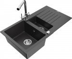 Granitinė virtuvinė plautuvė Mexen Matias su mai&scaron;ytuvu ir sifonu, Juodas granite+Chrome