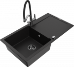 Granitinė virtuvinė plautuvė Mexen Leo su mai&scaron;ytuvu ir sifonu, Juodas+Juodas/Chrome