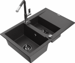 Granitinė virtuvinė plautuvė Mexen Gaspar su mai&scaron;ytuvu ir sifonu, Juodas granite+Juodas granite/Chrome