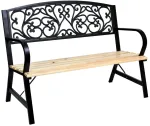 Juodo metalo ir ketaus sodo suoliukas su mediniu sėdynės pagrindu, 120 cm, lauko baldai, parkui, terasai