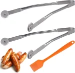 2 vnt. grilio žnyplių su ratukais, 30 cm bbq de&scaron;relių vartymo žnyplės su silikoniniu teptuku ir &scaron;luoste, pasukamos bbq virtuvės žnyplės, bbq de&scaron;relių vartymo žnyplės, nerūdijančio plieno ilgos grilio žnyplės