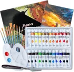Topsics 37 dalių akrilinių dažų rinkinys, 24 x 12 ml netoksi&scaron;kų akrilinių dažų rinkinys pradedantiesiems, menininkams, su 10 teptukų, 1 mai&scaron;ymo palete, 1 drobe ir 1 grandikliu, puikiai tinka drobei, medžiui, audiniui