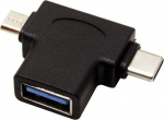 USB redukcja, (2.0), USB A F - microUSB (M) + USB C (M), juoda, plastikas bag OTG