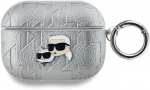 Karl Lagerfeld PU Embossed Karl and Choupette Heads dėklas ausinėms AirPods Pro sidabrinės spalvos