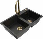 Granitinė virtuvinė plautuvė Mexen Tomas su mai&scaron;ytuvu ir sifonu, Metallic juodas/auksinis+Gold
