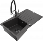 Granitinė virtuvinė plautuvė Mexen Cesar su mai&scaron;ytuvu ir sifonu, Juodas granite+Juodas/Chrome