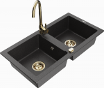 Granitinė virtuvinė plautuvė Mexen Mario su mai&scaron;ytuvu ir sifonu, Juodas granite+Gold