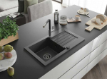 Granitinė virtuvinė plautuvė Mexen Pablo su mai&scaron;ytuvu ir sifonu, Juodas granite+Juodas/Chrome