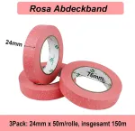 Bomei Pack 3 rožiniai dažytojų lipnios juostos ritinėliai 24 mm x 50 m premium krepinio popieriaus maskavimo juosta dažymui, rankdarbiams ir "pasidaryk pats" - profesionali dažytojų juosta, atspari Uv spinduliams, nepaliekanti likučių ir lengvai nuimama