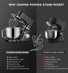 Powwa maisto kombainas, 5,5 l mai&scaron;ymo ma&scaron;ina, minkymo ma&scaron;ina, 6+1 greičių te&scaron;los mai&scaron;ymo ma&scaron;ina, 1500 W te&scaron;los minkymo ma&scaron;ina su &scaron;luotele, te&scaron;los kabliu, plakikliu ir apsauga nuo purslų kepimui, pyragams, sausainiams, minkymui