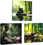 Plakatas Ccwacpp zen drobės sienų dekoracija, 3 dalių bambuko spa paveikslai, zen akmenys, žvakės, budos atspaudas, vonios kambario grožio procedūros, meditacijos kambario dekoracija su rėmu (30 x 30 cm x 3)