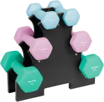 Neopreno dengti ketiniai hanteliai HEX rinkinys 12 kg su stovu (2x1 kg + 2x2 kg + 2x3 kg), REBEL ACTIVE