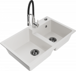 Granitinė virtuvinė plautuvė Mexen Tomas su mai&scaron;ytuvu ir sifonu, Baltas+Juodas/Chrome