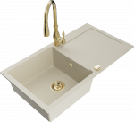 Granitinė virtuvinė plautuvė Mexen Leo su mai&scaron;ytuvu ir sifonu, rusvai gelsvas+Gold