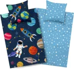 Aminata kids kosminis patalynės komplektas 135 x 200 cm su kosmoso motyvais, vaiki&scaron;kas reversible komplektas berniukams, raketa, medvilnė, kosmoso motyvas su astronautu, Ykk užtrauktukas, mėlynas