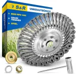 S&r plieno &scaron;epetys, žolių &scaron;epetys 200 mm x 25,4 mm, 5 dalių rinkinys su priedais, pintas plieno vielinis &scaron;epetys, kūginis &scaron;epetys žoliapjovei, krūmapjovė, krūmapjovė nuo piktžolių, samanų, stiprių ne&scaron;varumų
