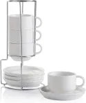 Sweejar Home porcelianiniai cappuccino puodeliai su lėk&scaron;tutėmis ir metaliniu stovu, sudedami espresso puodeliai specialiems kavos gėrimams, latte, americano, arbatai, 4 vnt. rinkinys (balti, 120 ml)