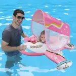 Swimbobo pripučiamas plaukimo ratas automobiliukas vaikams su reguliuojamu stogeliu nuo saulės ir saugos sėdyne, žaislas baseinui vaikams (baltas lėktuvas)