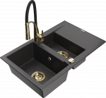 Granitinė virtuvinė plautuvė Mexen Gaspar su mai&scaron;ytuvu ir sifonu, Juodas granite+Juodas/Gold